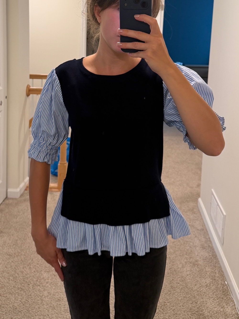 Anthropologie Navy and Light Blue Striped Mixed-Media Peplum Top